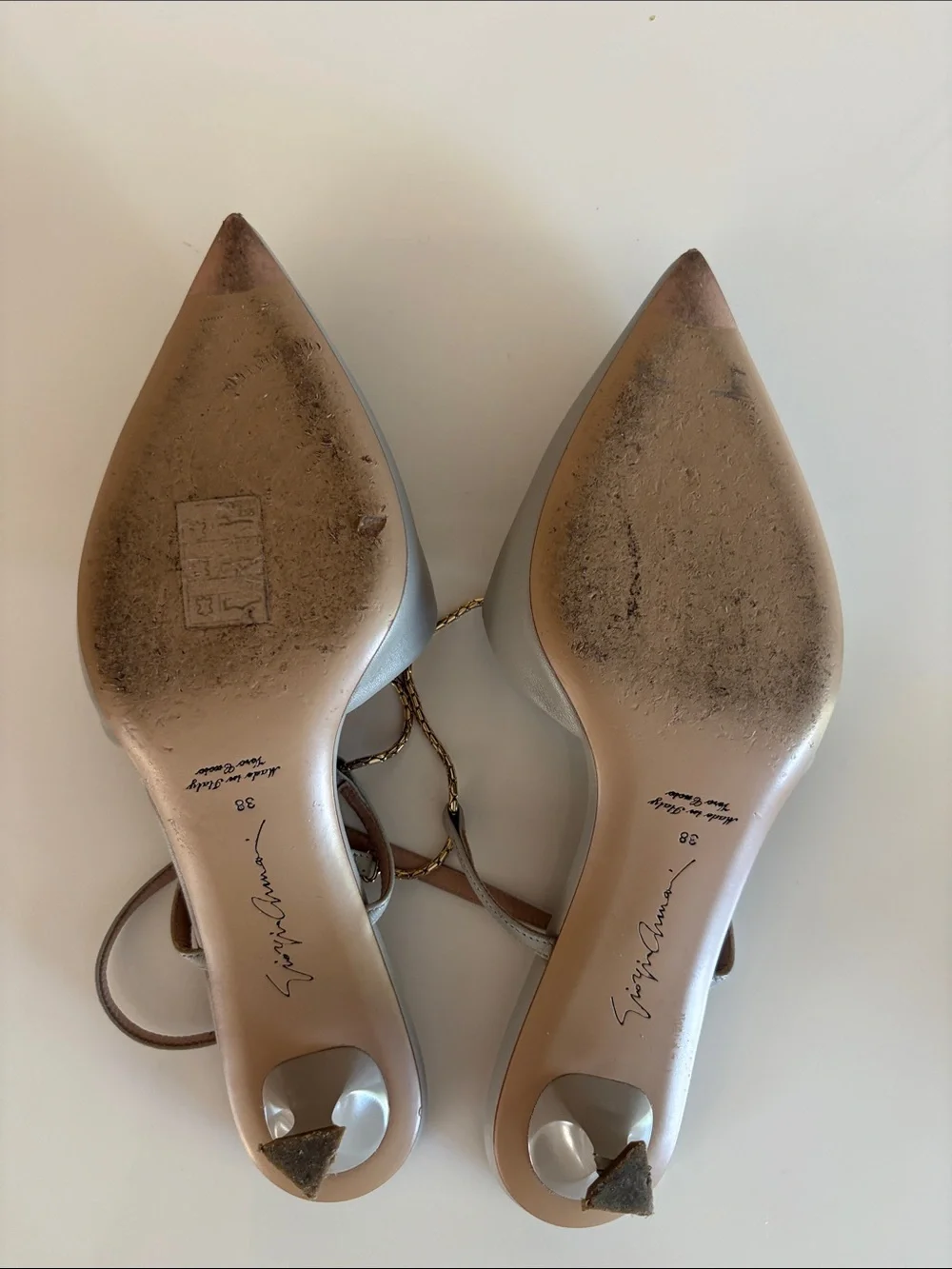 Giorgio Armani Metallic Silver Pointed Slingback Sandals, Size 38